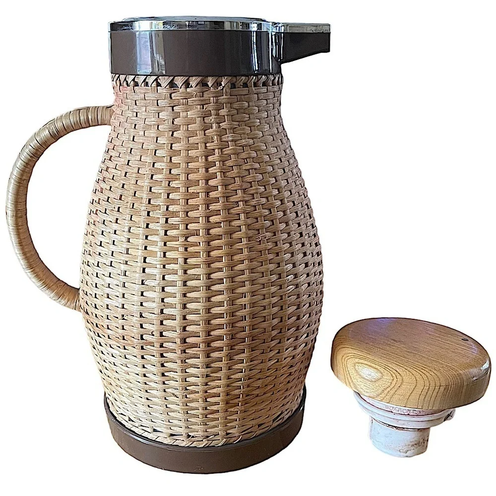 MCM Vintage Corning Designs Wicker Wrapped Thermal Carafe Coffee Thermos